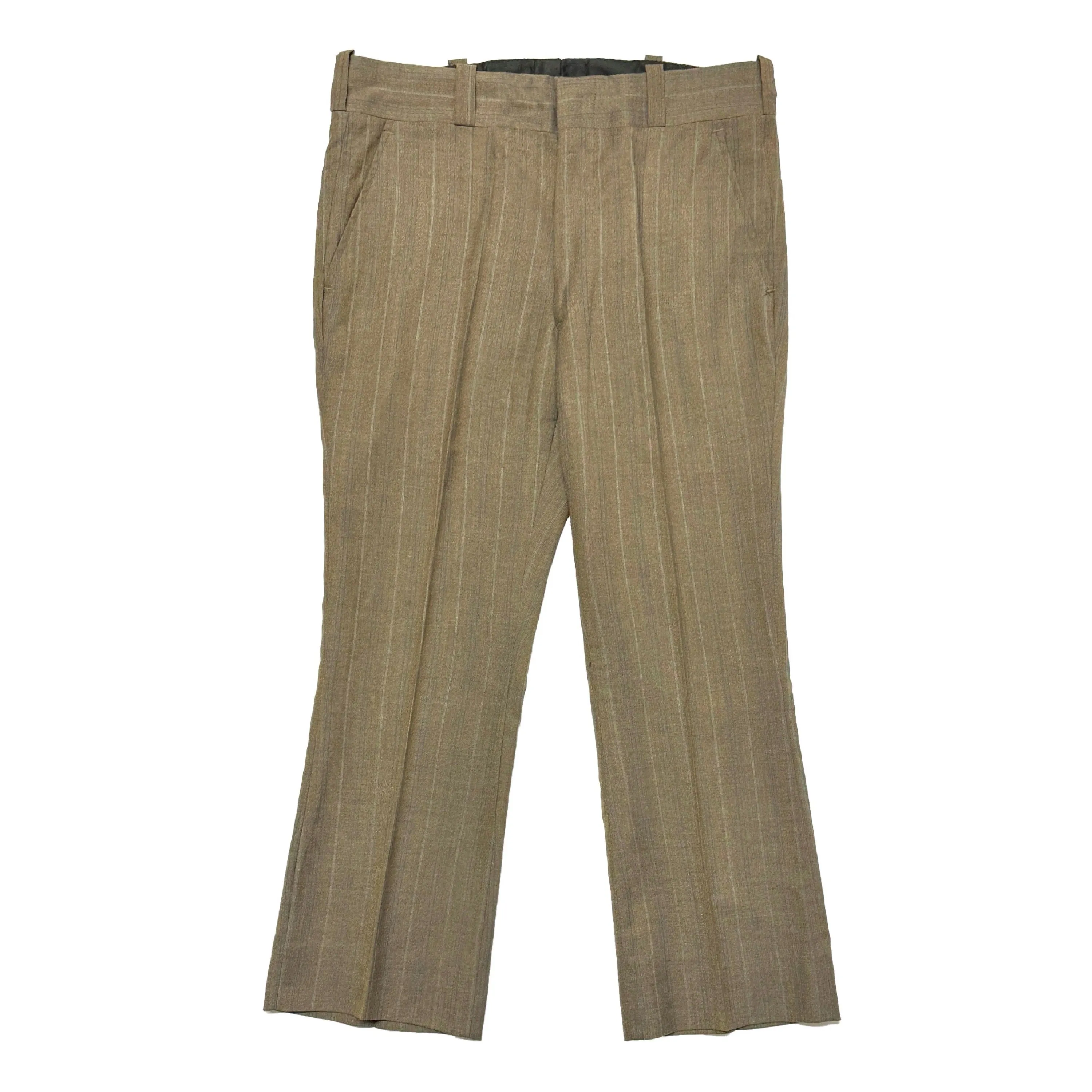 1960’S CUSTOM TAN STRIPE UNION MADE IN USA 2 PIECE WOOL WIDE LAPEL BOOTCUT SUIT MEDIUM