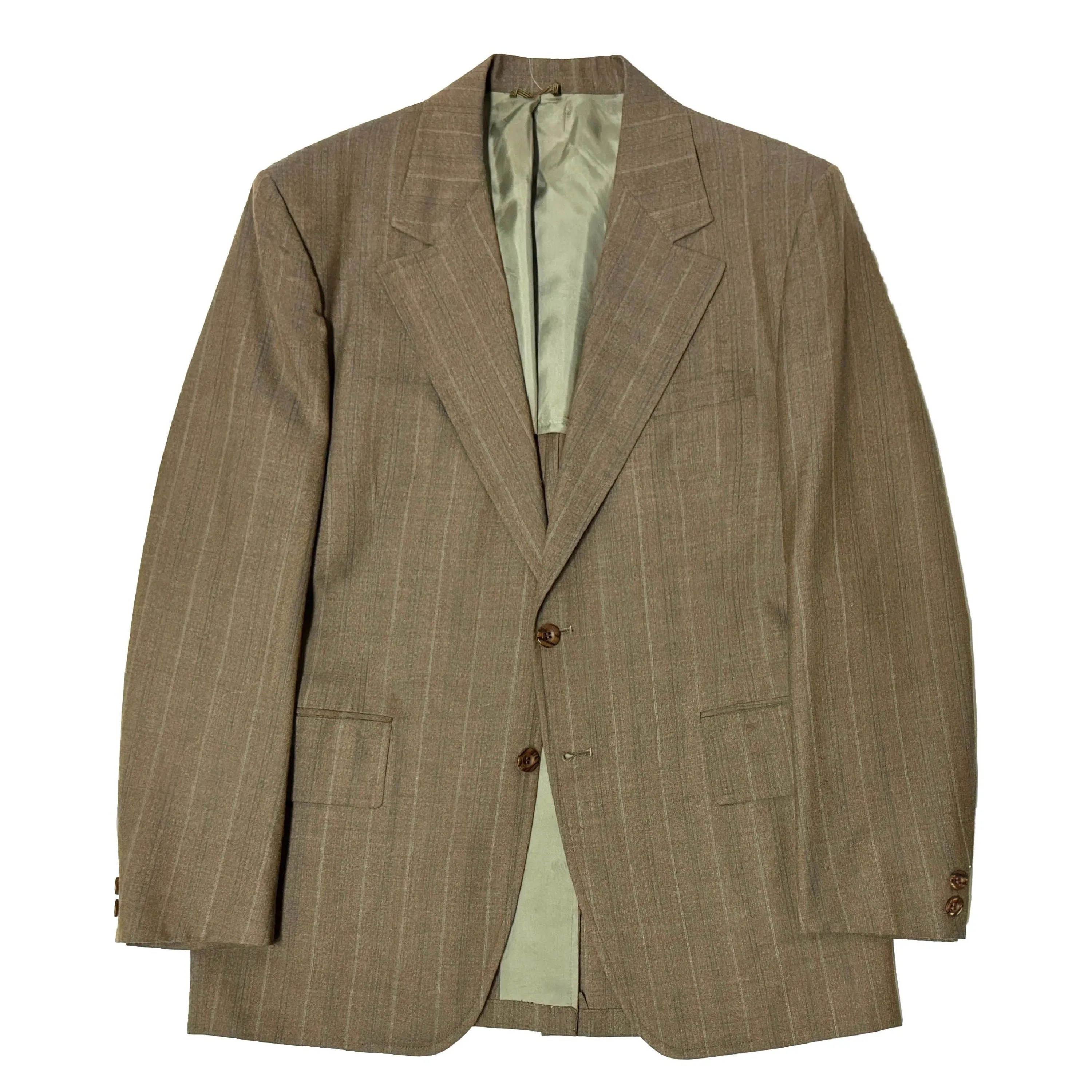 1960’S CUSTOM TAN STRIPE UNION MADE IN USA 2 PIECE WOOL WIDE LAPEL BOOTCUT SUIT MEDIUM