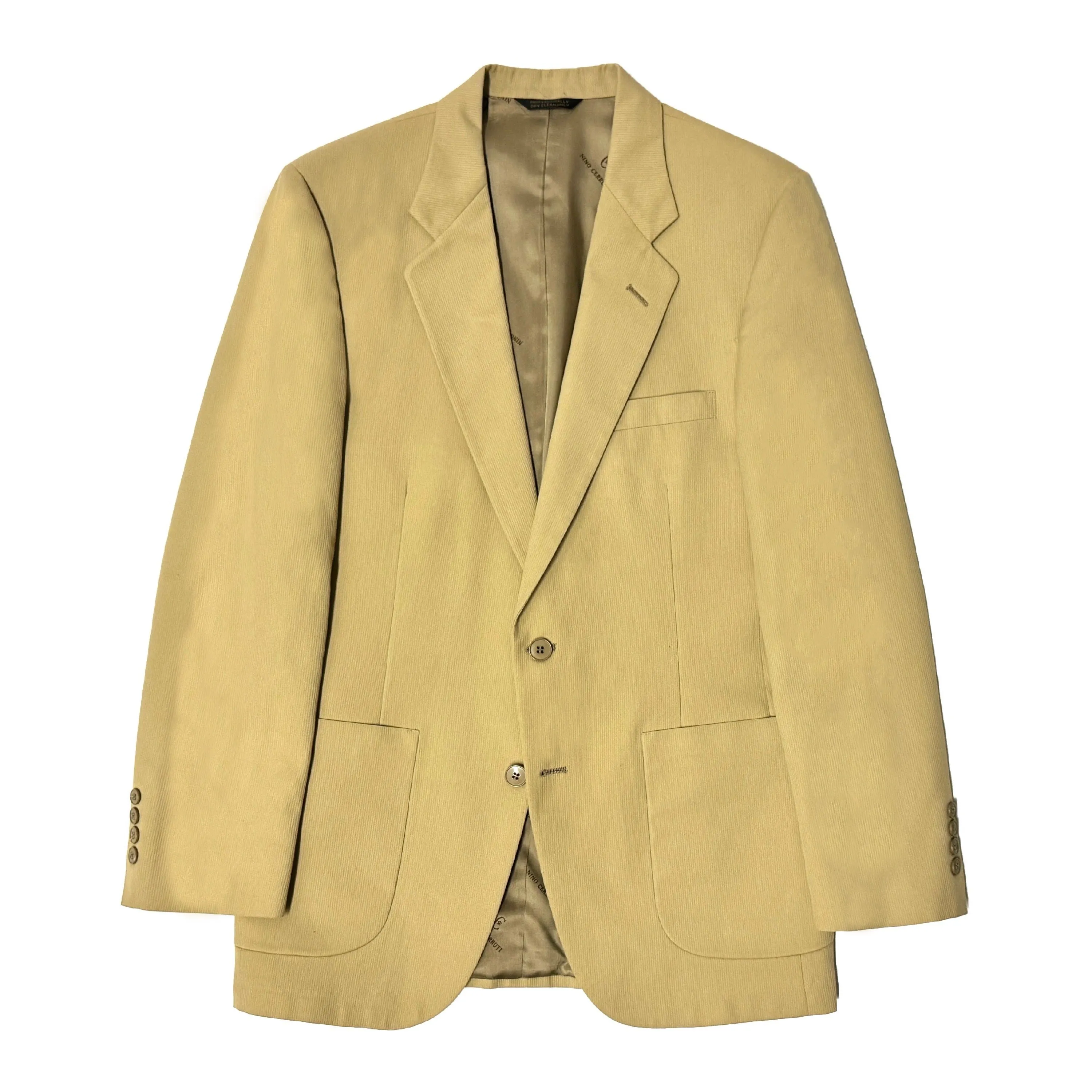 1970’S NINO CERRUTI UNION MADE IN USA 2 PIECE KHAKI TWILL WIDE LAPEL BOOTCUT SUIT MEDIUM