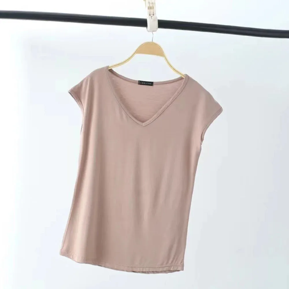 Bonnyshow  Modal Cotton T-shirts Women Solid Loose V-Neck Short Sleeve Tees Fashion Casual Slim Women Top Home Clothes Undershirt Pullover