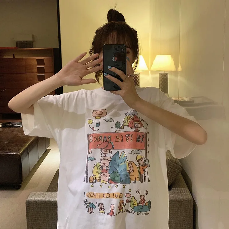 Cartoon Print Loose Cotton T-shirt