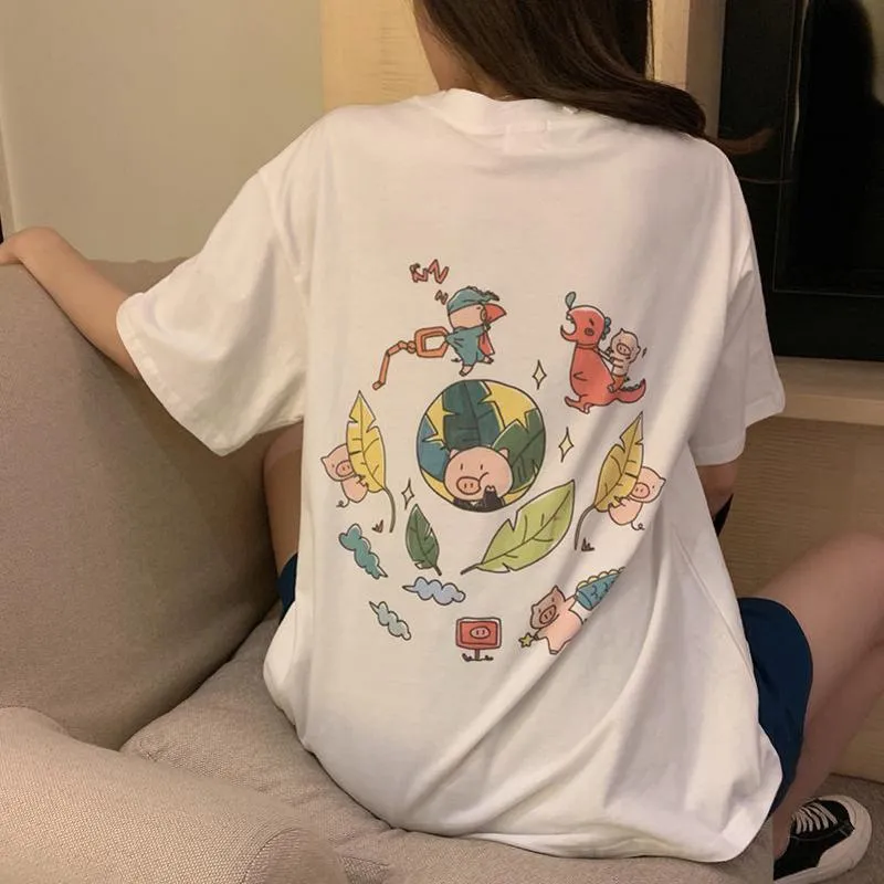 Cartoon Print Loose Cotton T-shirt