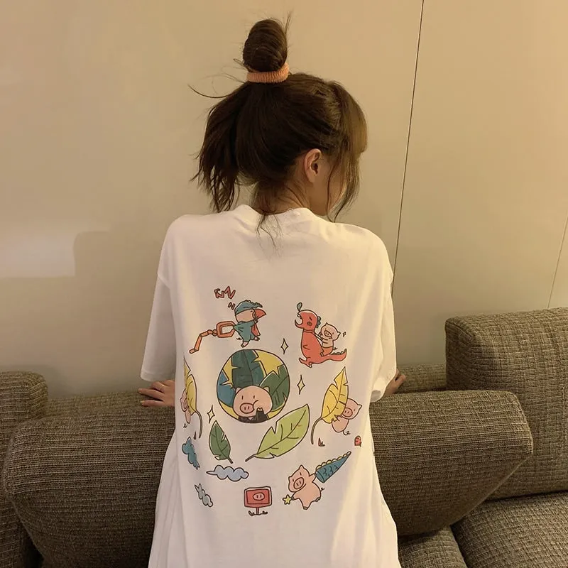 Cartoon Print Loose Cotton T-shirt