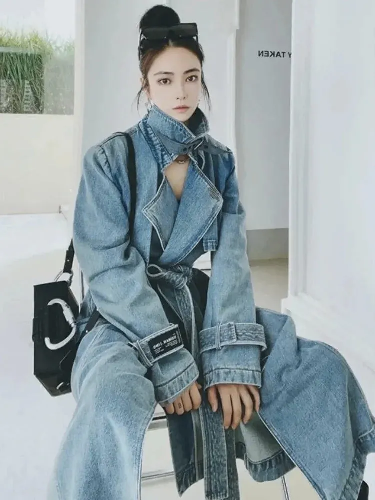 DERMEARNE Autumn And Spring Denim Long Coat Woman Luxury Women's Coats Women's Coats Jackets Trench Coat Female Traf Women's Trench Coat