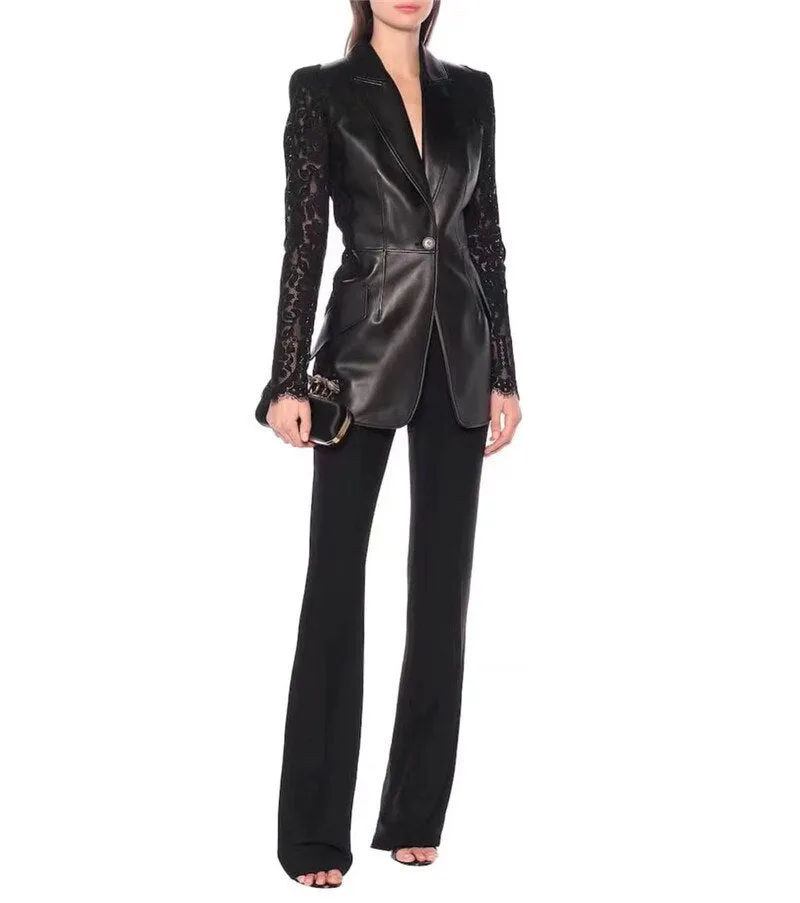 Lace Patchwork Long Sleeve V-neck Short  Genuine Leather  jacket