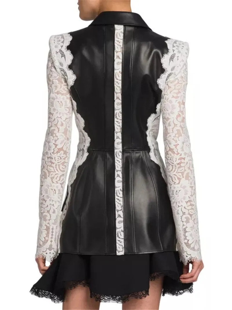 Lace Patchwork Long Sleeve V-neck Short  Genuine Leather  jacket
