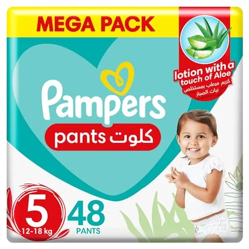 Pampers Baby-Dry Pants Diapers with Aloe Vera Lotion, 360 Fit & up to 100% Leakproof, Size 5, 12-18kg, Mega Pack, 48 Count