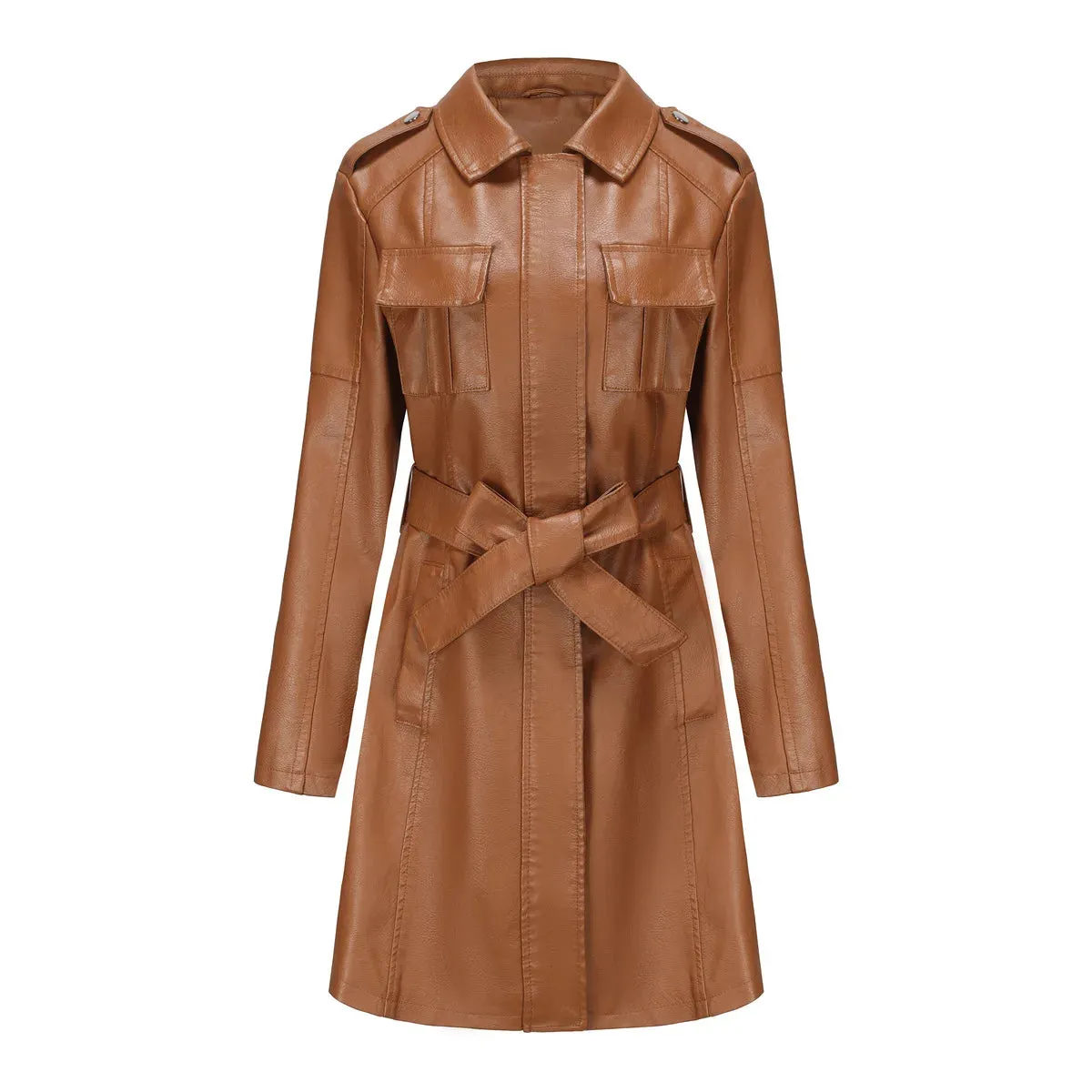 Spring Autumn Women's Leather Windbreaker Fashionable British Coat For Women Long Leather Jacket With Belt Pocket Lapel Coats