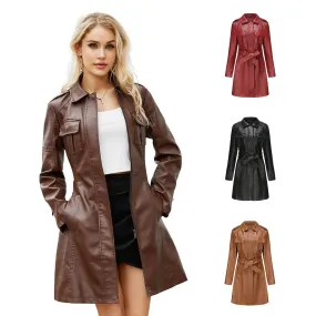 Spring Autumn Women's Leather Windbreaker Fashionable British Coat For Women Long Leather Jacket With Belt Pocket Lapel Coats
