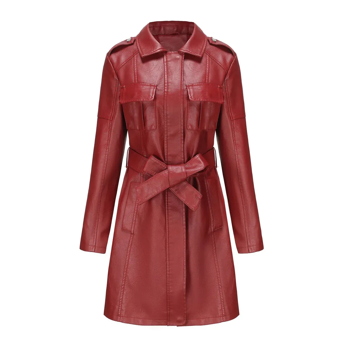 Spring Autumn Women's Leather Windbreaker Fashionable British Coat For Women Long Leather Jacket With Belt Pocket Lapel Coats