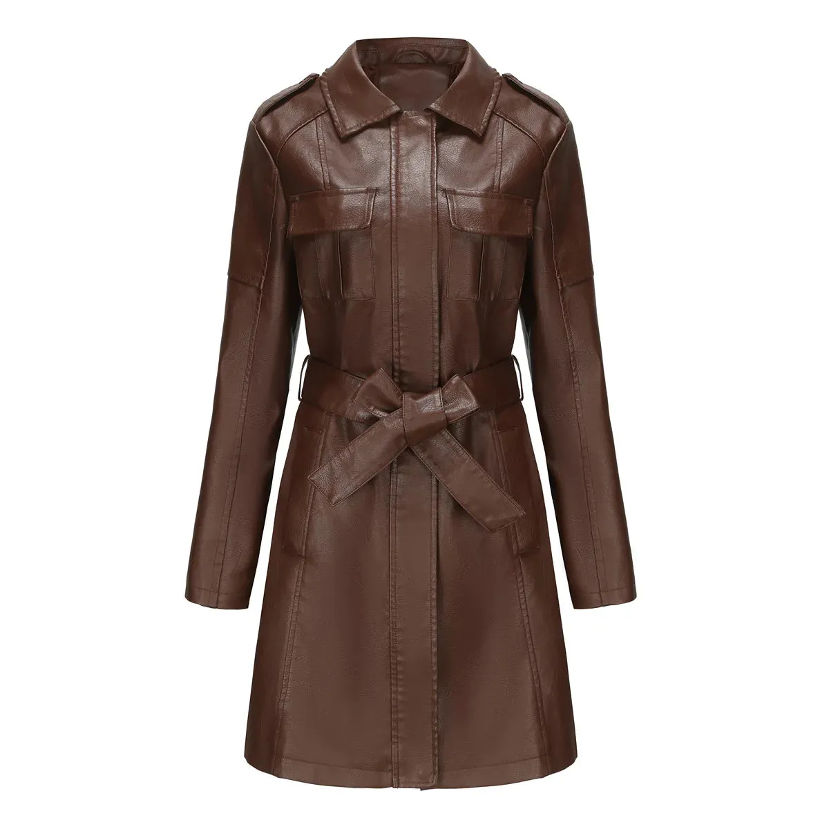 Spring Autumn Women's Leather Windbreaker Fashionable British Coat For Women Long Leather Jacket With Belt Pocket Lapel Coats