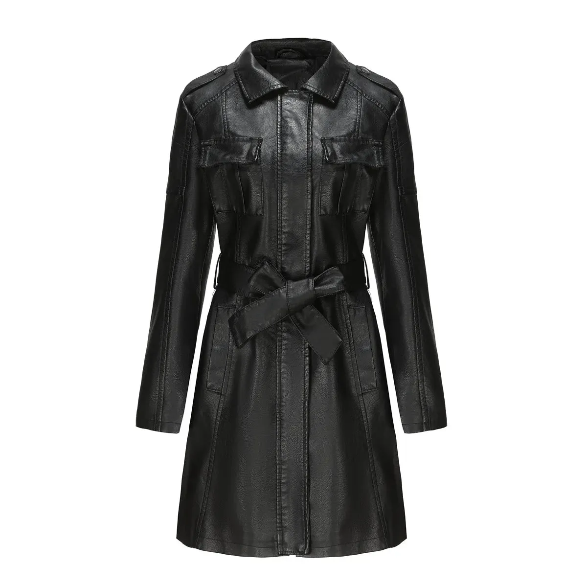 Spring Autumn Women's Leather Windbreaker Fashionable British Coat For Women Long Leather Jacket With Belt Pocket Lapel Coats