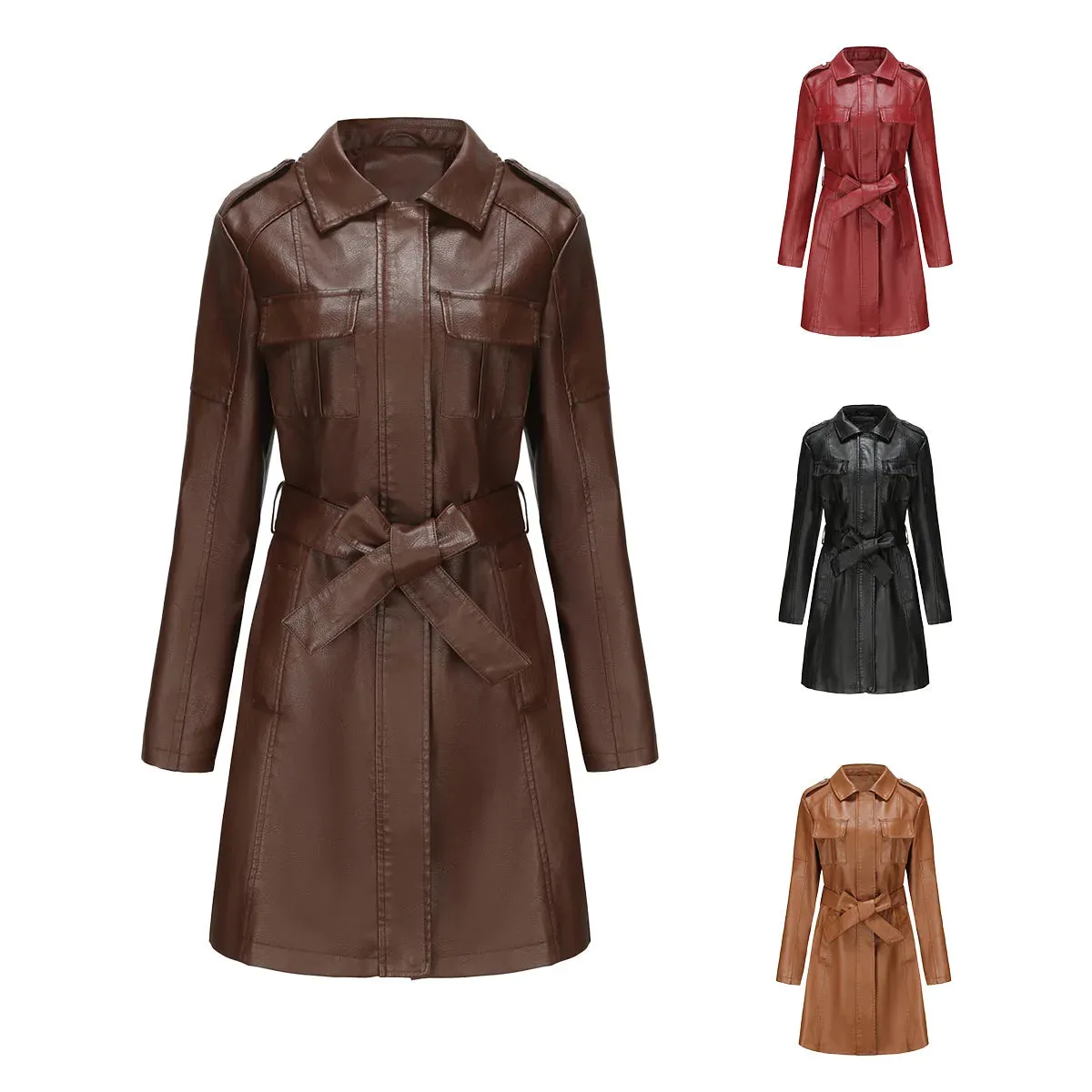 Spring Autumn Women's Leather Windbreaker Fashionable British Coat For Women Long Leather Jacket With Belt Pocket Lapel Coats