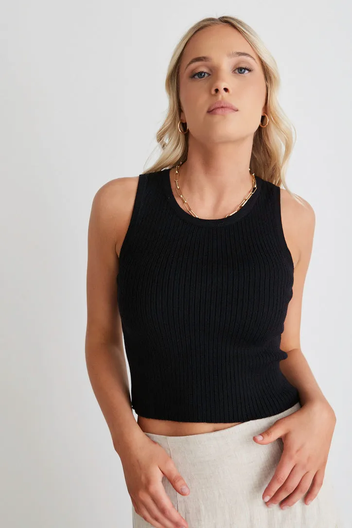 Uptown Black Rib Knit Cut Away Crop Tank