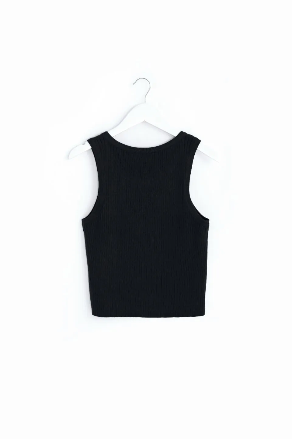 Uptown Black Rib Knit Cut Away Crop Tank