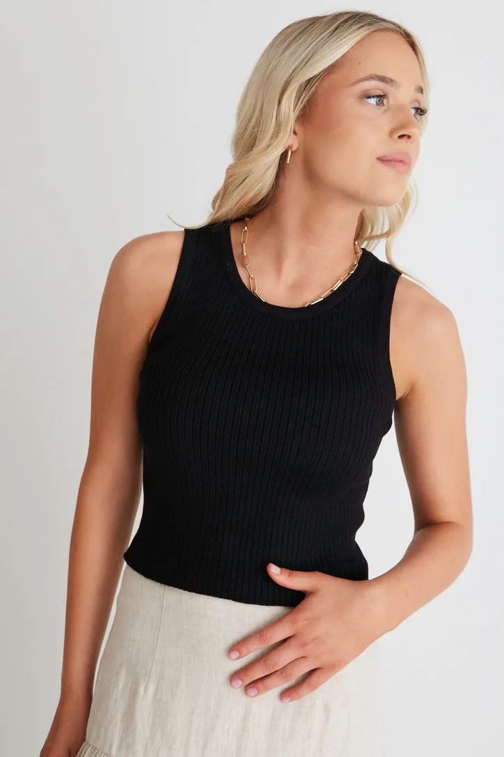 Uptown Black Rib Knit Cut Away Crop Tank