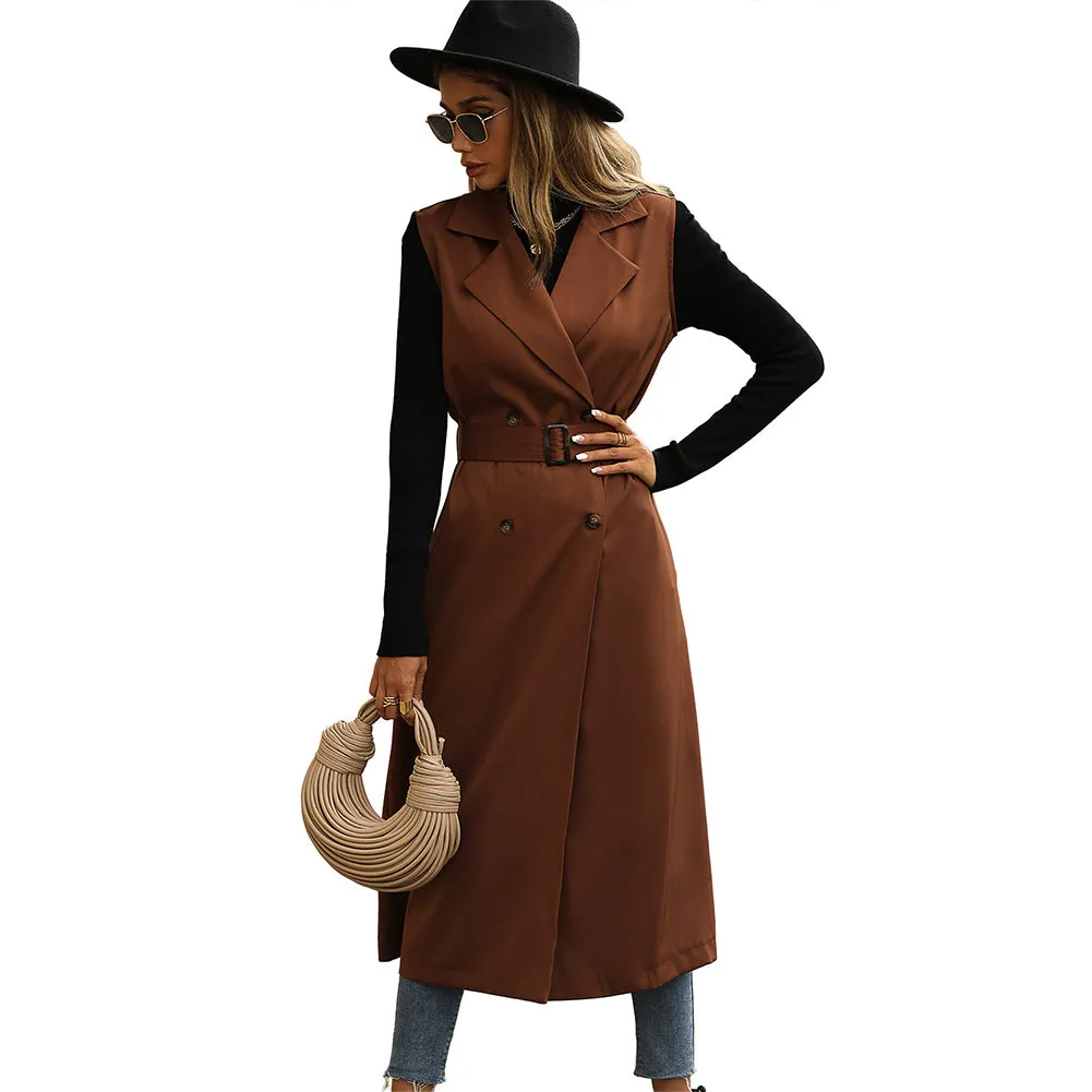 YESFASHION Fashion Lapel Sleeveless Solid Trench Coats