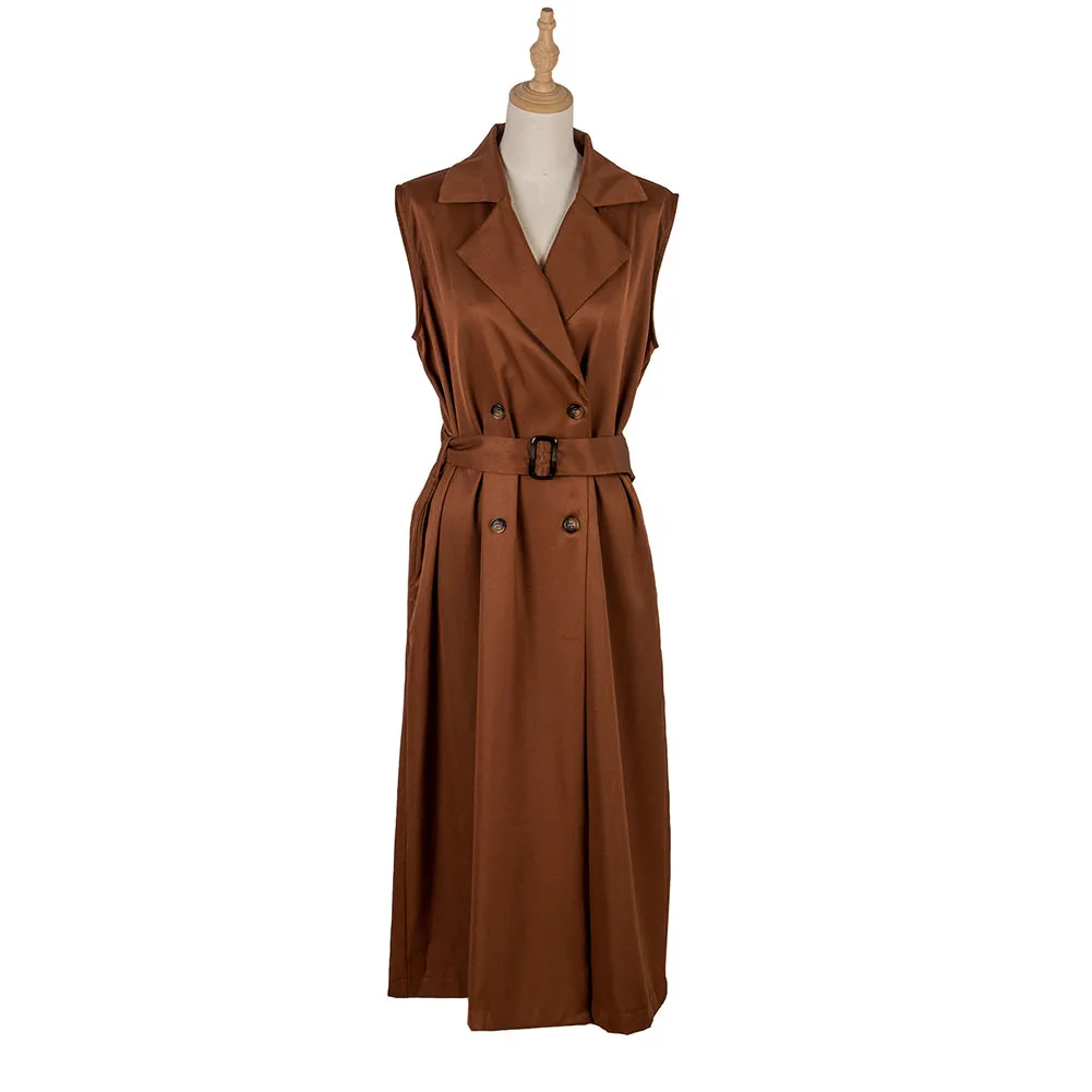 YESFASHION Fashion Lapel Sleeveless Solid Trench Coats